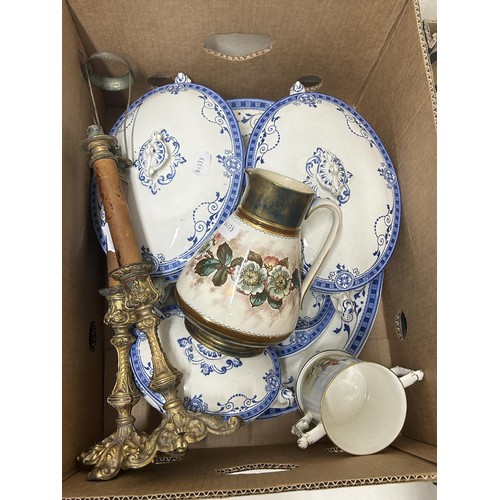 930 - An Adlake lamp, a pair of candlesticks, a part dinner service, and other items (2 boxes)