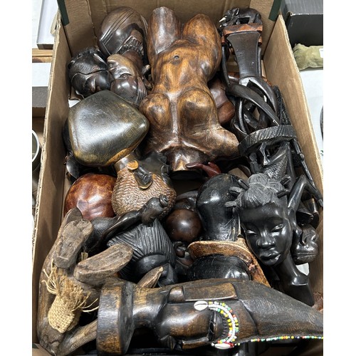 976 - Assorted African carvings, pewter tankards, and assorted silver plate (2 boxes)