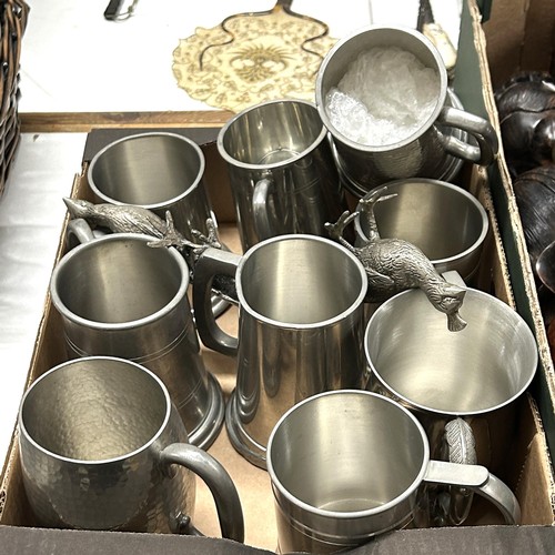 976 - Assorted African carvings, pewter tankards, and assorted silver plate (2 boxes)