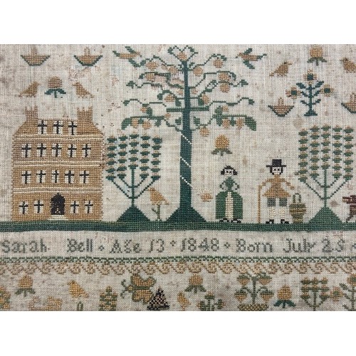 840 - A 19th century sampler, by Sarah Bell, aged 13, born July 25 1848, 34.5 x 24.5 cmProvenance:  S... 