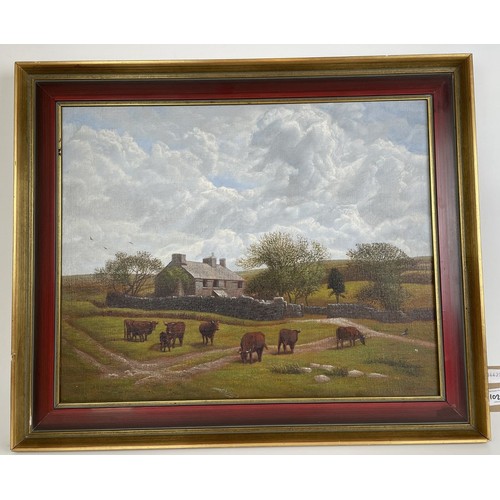 1022 - 20th century, English school, a farmyard scene with castle, oil on canvas, 40 x 50 cm, an Alsatian, ... 