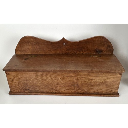 937 - An oak candle box, 45 cm high, another, two boxes and two silver teaspoons (6)