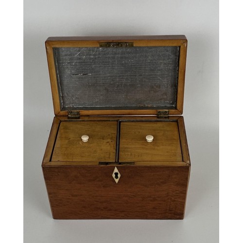 937 - An oak candle box, 45 cm high, another, two boxes and two silver teaspoons (6)