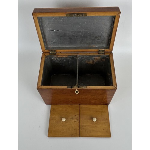 937 - An oak candle box, 45 cm high, another, two boxes and two silver teaspoons (6)