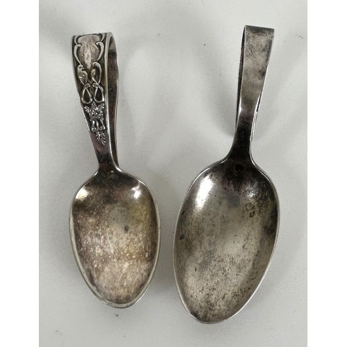 937 - An oak candle box, 45 cm high, another, two boxes and two silver teaspoons (6)