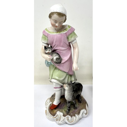 1035 - A pair of Dresden figures, of a young boy with a dog and puppy, and a young girl with a cat and kitt... 