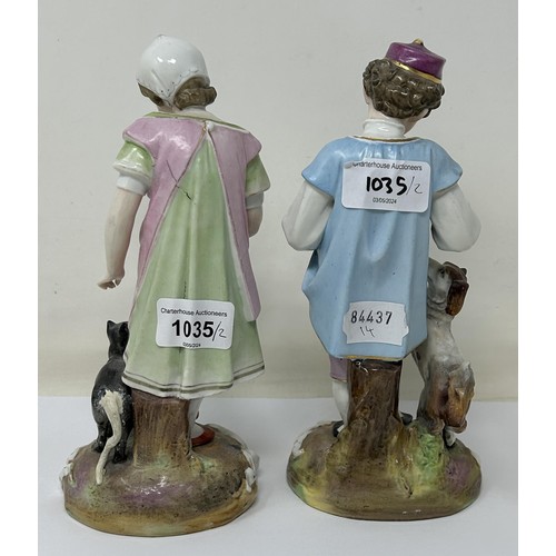 1035 - A pair of Dresden figures, of a young boy with a dog and puppy, and a young girl with a cat and kitt... 