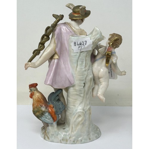 1038 - A Dresden group, of a man and cherub with a cockerel, 22 cm high