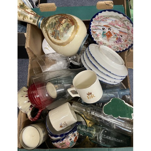 989 - A silver plated tea caddy, assorted ceramics, glass and other items (4 boxes)