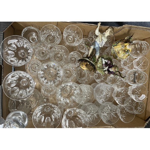 990 - Assorted glassware and three figures (box)