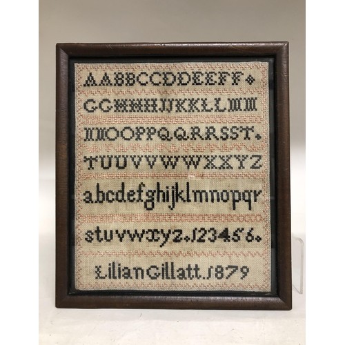 906 - A sampler, by Lilian Gillatt, dated 1879, 23 x 18 cm