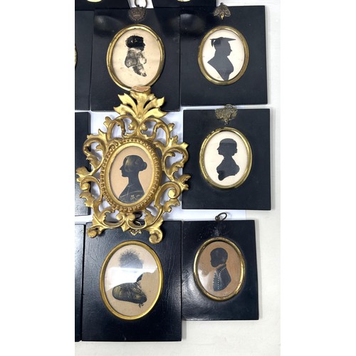 1043 - A silhouette, in a Florentine style carved giltwood frame, some loss, 20 x 14 cm, and assorted silho... 