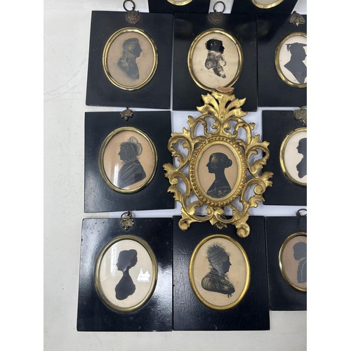 1043 - A silhouette, in a Florentine style carved giltwood frame, some loss, 20 x 14 cm, and assorted silho... 