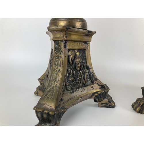 960 - A pair of brass pricket candlesticks, 62 cm high