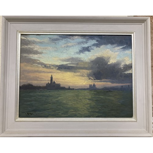 1014 - Julian Halsby, Last Light, Venice, oil on board, signed, 29 x 39 cm, and a landscape, oil on board, ... 