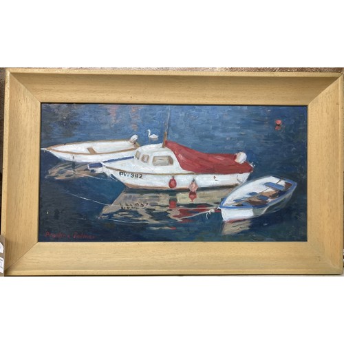 1015 - Anthea Palmer, moored boats, oil on board, signed, 22 x 42 cm, Des Armour, landscape, oil on board, ... 