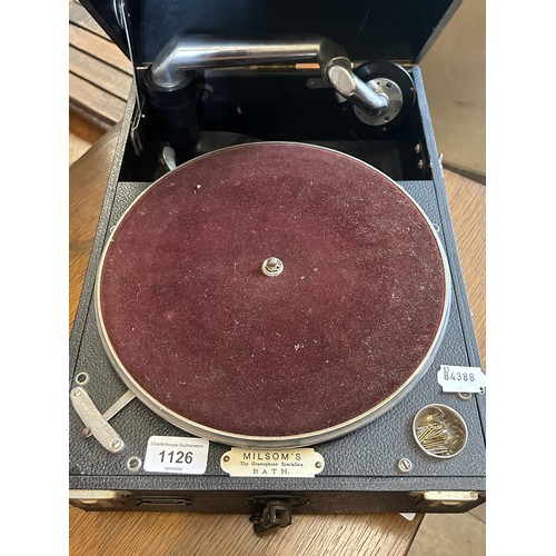 1126 - A Milsom's portable gramophone, 28 cm wide