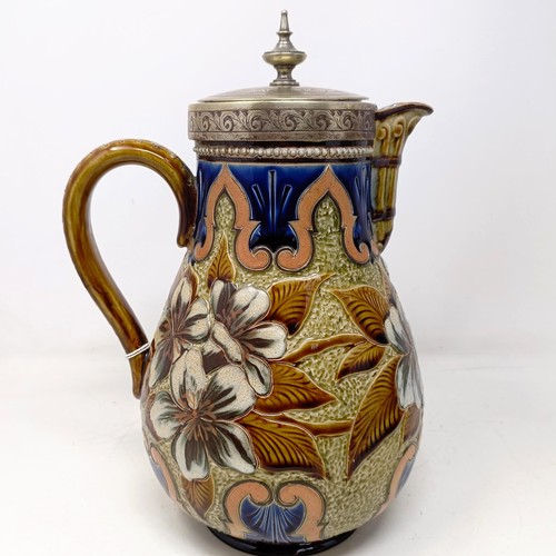 703 - A Doulton Lambeth jug, by Elizabeth M Small, decorated flowers, with a silver plated mount and lid, ... 