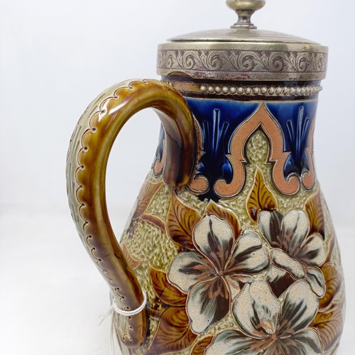 703 - A Doulton Lambeth jug, by Elizabeth M Small, decorated flowers, with a silver plated mount and lid, ... 