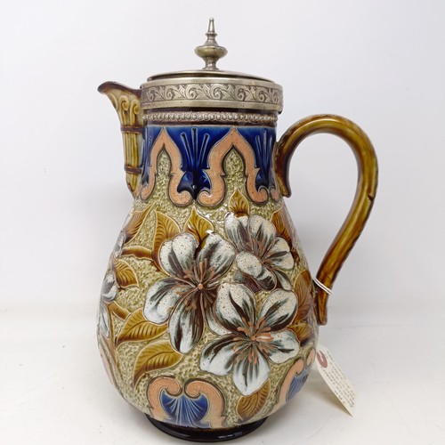 703 - A Doulton Lambeth jug, by Elizabeth M Small, decorated flowers, with a silver plated mount and lid, ... 