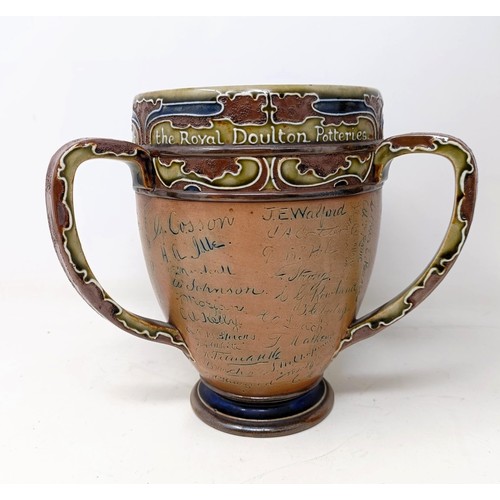 705 - A Royal Doulton three handled retirement loving cup, by Mark Marshall, with various signatures of th... 