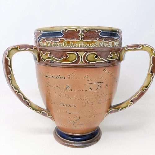 705 - A Royal Doulton three handled retirement loving cup, by Mark Marshall, with various signatures of th... 