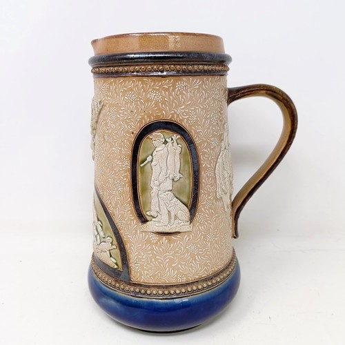 710 - A Doulton Lambeth jug, by Harriet Hibbut, decorated hunting scenes, 22 cm high