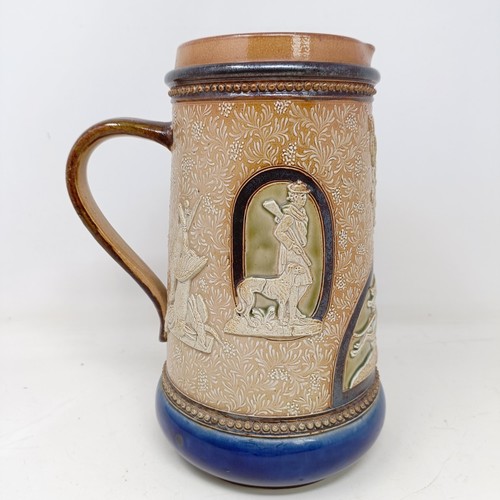 710 - A Doulton Lambeth jug, by Harriet Hibbut, decorated hunting scenes, 22 cm high