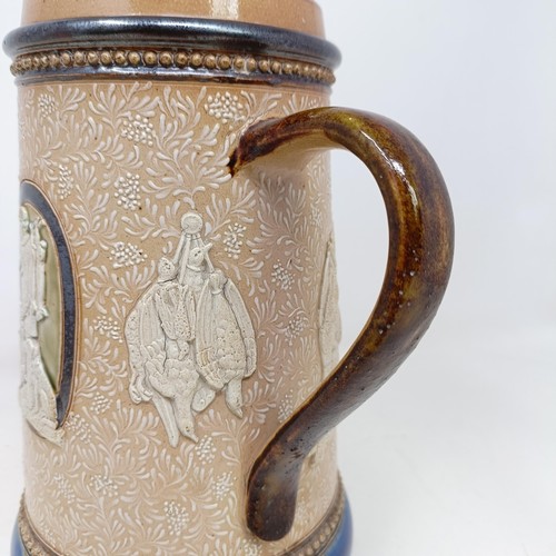 710 - A Doulton Lambeth jug, by Harriet Hibbut, decorated hunting scenes, 22 cm high