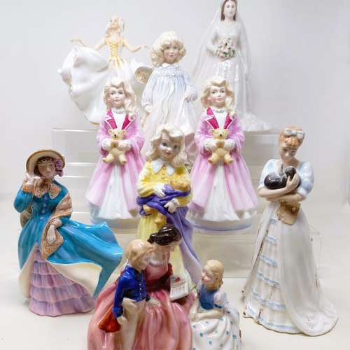 721 - A Royal Doulton figure, Bedtime Story HN2059, Delphine HN2136, Charity HN3087, Faith HN3082, Hope HN... 