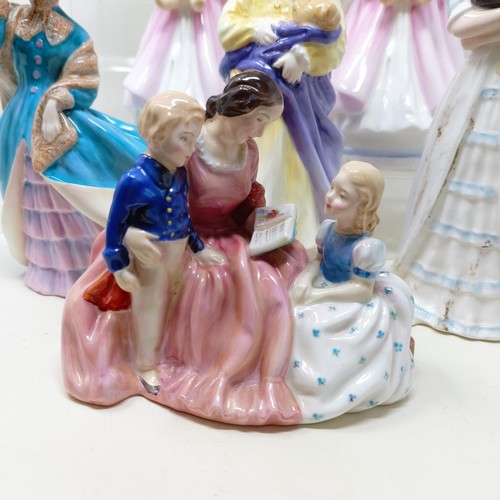 721 - A Royal Doulton figure, Bedtime Story HN2059, Delphine HN2136, Charity HN3087, Faith HN3082, Hope HN... 