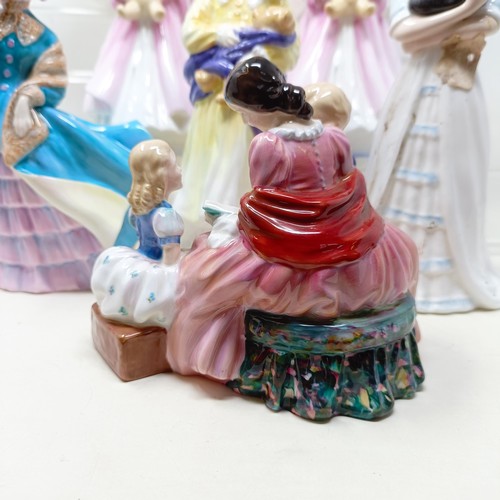 721 - A Royal Doulton figure, Bedtime Story HN2059, Delphine HN2136, Charity HN3087, Faith HN3082, Hope HN... 