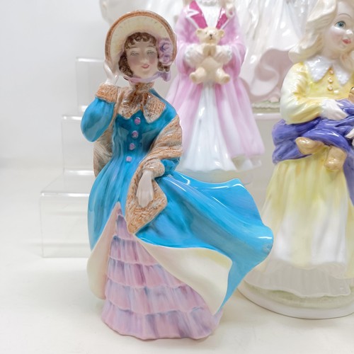 721 - A Royal Doulton figure, Bedtime Story HN2059, Delphine HN2136, Charity HN3087, Faith HN3082, Hope HN... 