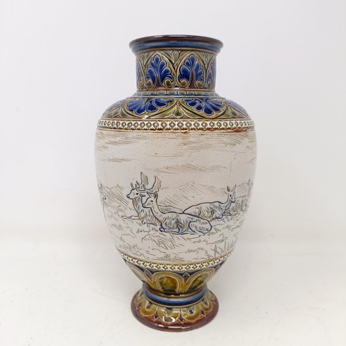 733 - A Doulton Lambeth vase, by Hannah Barlow, decorated a deer, 23 cm high