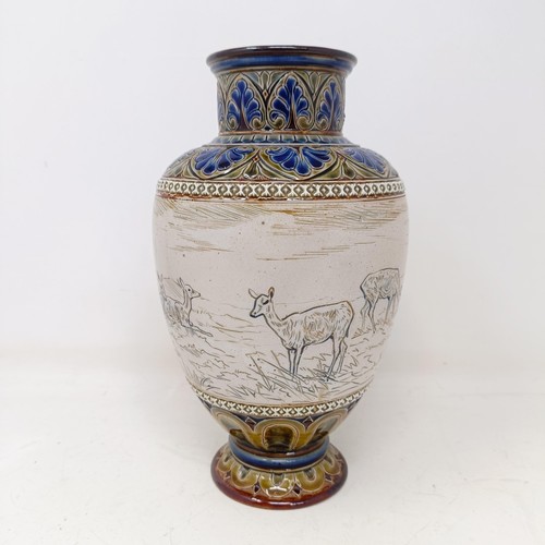 733 - A Doulton Lambeth vase, by Hannah Barlow, decorated a deer, 23 cm high