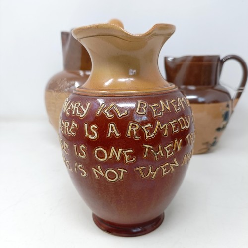 749 - A Doulton Lambeth jug, with a motto, 'For Every Ill Beneath The Sun There Is A Remedy Or None...' 18... 