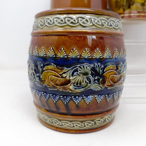 756 - A Doulton Lambeth stoneware barrel, reading Pedestrian Barrelette, 22 cm high, a vase, lacking cover... 