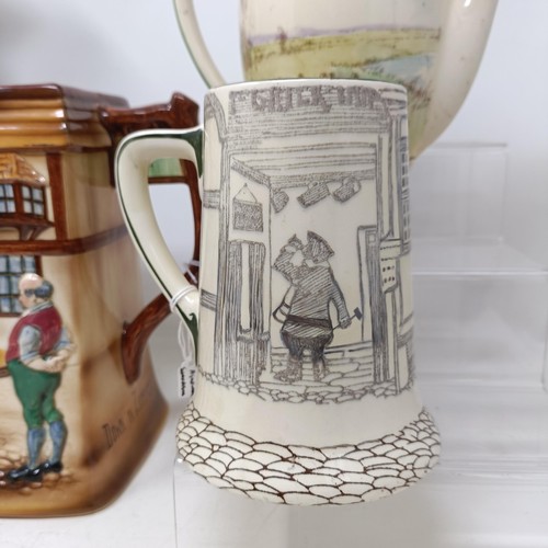 767 - A Royal Doulton Dickens Ware musical jug, The Gaffers Story, 20 cm high, a coffee pot, decorated lan... 