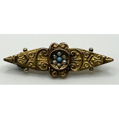 886 - A 9ct gold and five stone garnet ring, out of shape, and a 9ct gold seed pearl and turquoise brooch ... 