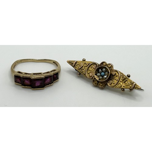 886 - A 9ct gold and five stone garnet ring, out of shape, and a 9ct gold seed pearl and turquoise brooch ... 