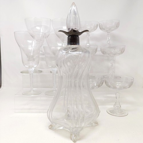 804 - A glass decanter, with a silver mount, a pair of wine glasses, with air twist stems, four rummers, a... 