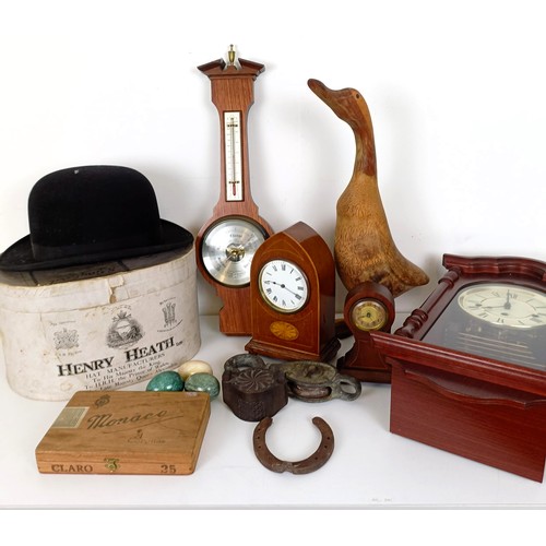 811 - A mantel clock, in a mahogany case, another, a wall clock, a barometer, a top hat, boxed, and assort... 