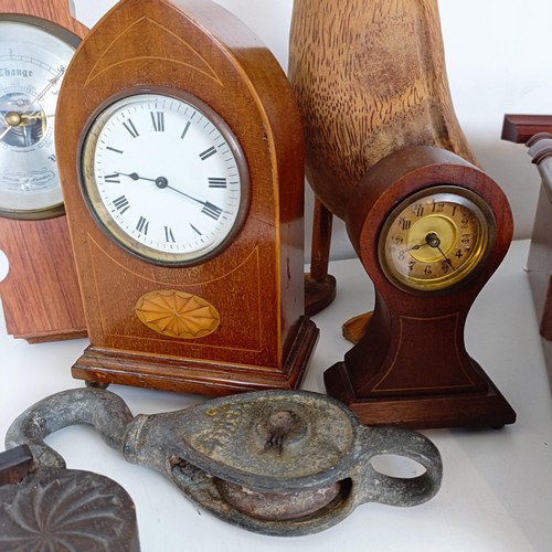 811 - A mantel clock, in a mahogany case, another, a wall clock, a barometer, a top hat, boxed, and assort... 