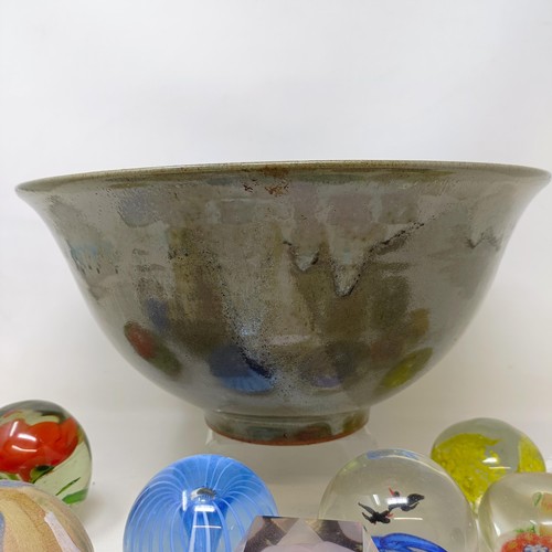 816 - A studio pottery glazed bowl, and assorted glass paperweights (box)