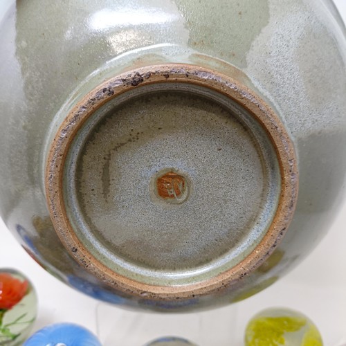 816 - A studio pottery glazed bowl, and assorted glass paperweights (box)