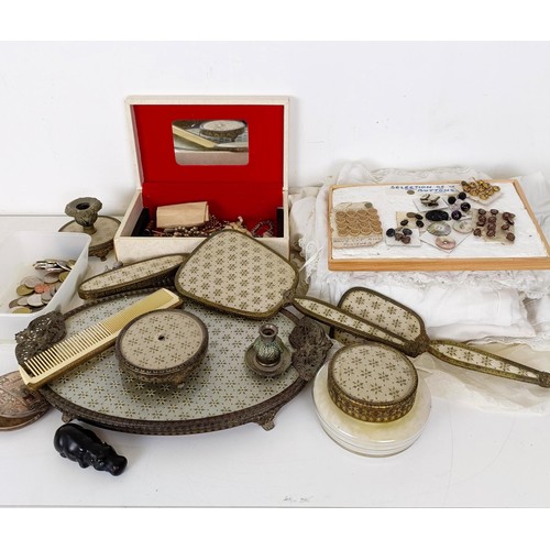 821 - Assorted costume jewellery, a dressing table set, christening gowns and other items (qty)