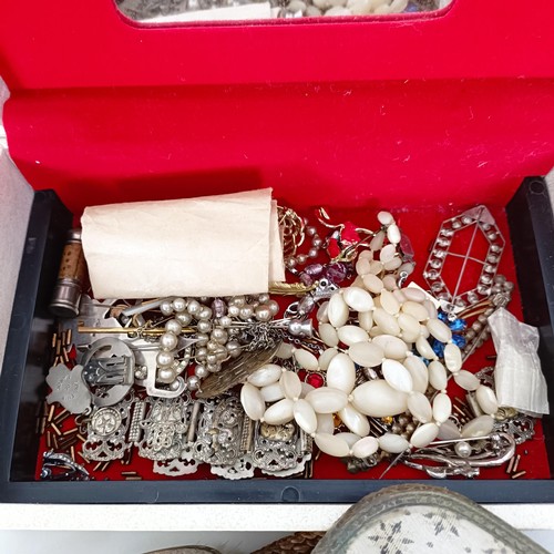 821 - Assorted costume jewellery, a dressing table set, christening gowns and other items (qty)