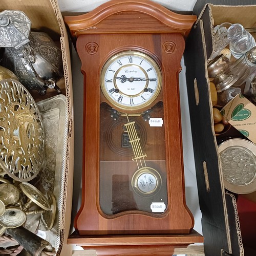 822 - A silver plated teapot, assorted metalwares and a wall clock (box)