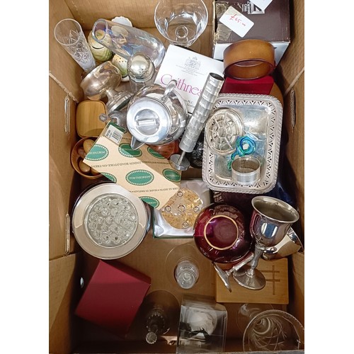 823 - A Caithness glass paperweight, other paperweights, assorted silver plate and other items (2 boxes)