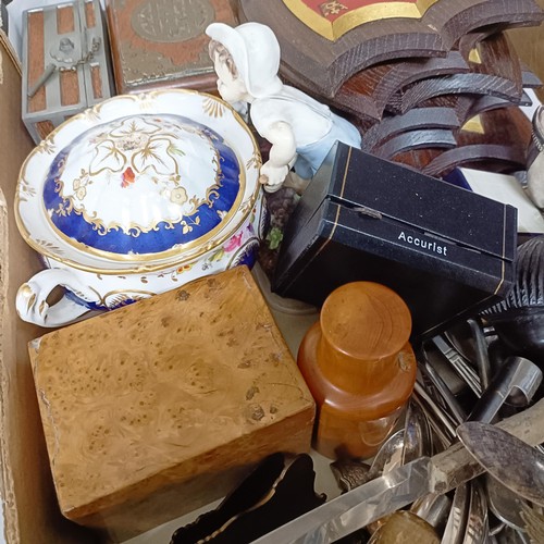 828 - A carriage clock, a Chinese wooden box, with metal mounts, shield shape plaques and assorted other i... 